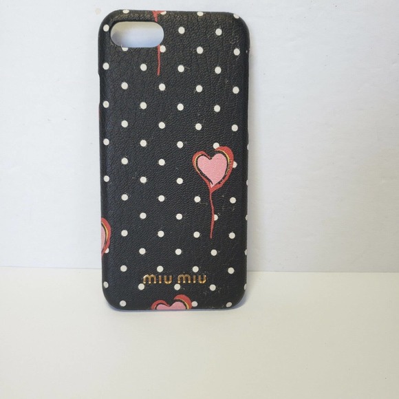 Miu Miu Iphone Apple 7 Cell Phone Case Hard Cover Hearts Black Polka Dot Snap - Picture 1 of 7